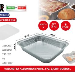 Sicignano | Set Vaschette Contenitori in Alluminio Rettangolari con Coperchio, Bordo a L, Adatte al Forno e Frigo - Adatte per Ristorazione Pizzerie Rosticcerie Bar (1, 8 Porzioni (2pz))