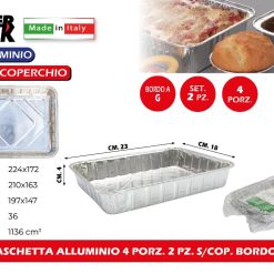 Sicignano | Set Vaschette Contenitori in Alluminio Rettangolari, Bordo a G, Adatte al Forno e Frigo - Adatte per Ristorazione Pizzerie Rosticcerie Bar (1, 4 Porzioni, 2pz)