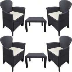 Sicignano | Set Salottino 4 Poltrone con Cuscino + 2 Tavolini Akita Antracite Rattan in Polipropilene, Impermeabile, per Interno Esterno Giardino Terrazzo Piscina