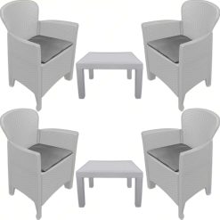 Sicignano | Set Salottino 4 Poltrone con Cuscino + 2 Tavolini Akita Bianco Rattan in Polipropilene, Impermeabile, per Interno Esterno Giardino Terrazzo Piscina