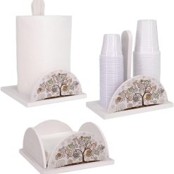 Lupia - Set 3 Pezzi Porta Bicchieri, Tovaglioli e Rotolo | Stile Albero della Vita Shabby White TREE WHITE | Adatto a Ogni Stile | Accessori Cucina in Legno