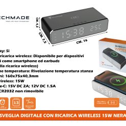 Sveglia Digitale Con Ricarica Wireless 15W Nera