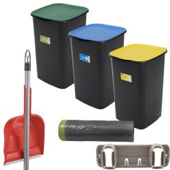 Sicignano | Set Pattumiere Riciclo con Coperchio Raccolta Differenziata Carta Vetro Plastica 50 Litri, 15 Sacchetti Grigi, con Paletta e Appendiscope Colori Assortiti