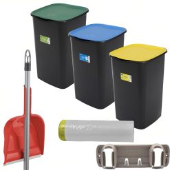 Sicignano | Set Pattumiere Riciclo con Coperchio Raccolta Differenziata Carta Vetro Plastica 50 Litri, 15 Sacchetti Neutri, con Paletta e Appendiscope Colori Assortiti
