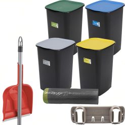 Sicignano | Set Pattumiere Riciclo con Coperchio Raccolta Differenziata Carta Vetro Plastica Indifferenziata 50 Litri, 15 Sacchetti Grigi, con Paletta e Appendiscope Colori Assortiti