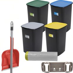 Sicignano | Set Pattumiere Riciclo con Coperchio Raccolta Differenziata Carta Vetro Plastica Indifferenziata 50 Litri, 15 Sacchetti Neutri, con Paletta e Appendiscope Colori Assortiti