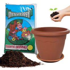 Sicignano | Vaso Vulcano Tondo 25 cm per Fiori Piante con Sottovaso 4,8 Litri, Plastica Color Terracotta, con Terriccio 5 Litri, con Fori di Drenaggio, Resistente agli UV, Made in Italy