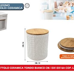 BARATTOLO CERAMICA TONDO BIANCO CM.13X13X16h COP. LEGNO