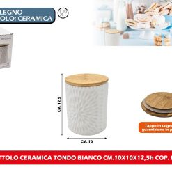 BARATTOLO CERAMICA TONDO BIANCO CM.10X10X12,5h COP. LEGNO
