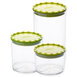 Set 3 di Barattoli Corolla in Plastica Riciclata lt.0,4/0,7/1,3 con Coperchi Ermetici Colorati Verde - Contenitori Salvaspazio per Cucina, Ideali per Pasta, Biscotti, Zucchero e Altro - immagine 1