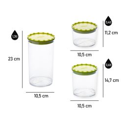 Set 3 di Barattoli Corolla in Plastica Riciclata lt.0,4/0,7/1,3 con Coperchi Ermetici Colorati Verde - Contenitori Salvaspazio per Cucina, Ideali per Pasta, Biscotti, Zucchero e Altro - immagine 4