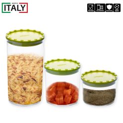 Set 3 di Barattoli Corolla in Plastica Riciclata lt.0,4/0,7/1,3 con Coperchi Ermetici Colorati Verde - Contenitori Salvaspazio per Cucina, Ideali per Pasta, Biscotti, Zucchero e Altro - immagine 3