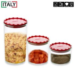 Set 3 di Barattoli Corolla in Plastica Riciclata lt.0,4/0,7/1,3 con Coperchi Ermetici Colorati Rosso – Contenitori Salvaspazio per Cucina, Ideali per Pasta, Biscotti, Zucchero e Altro - immagine 3