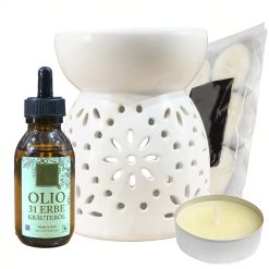 Sicignano | Set Brucia Olio in Ceramica con Olio Essenziale 31 Erbe 100ml e 10 Candele Tealight, Balsamico Igienizzante Rilassante, Deodorare e Purificare l’Aria, Perfetto per Casa Ufficio