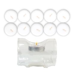 Sicignano | Set Portacandela Tealight 1 Foro in Vetro Trasparente con 10 Candele Tealight Inodore e Senza Fumo – Design Elegante e Versatile per Cene, Eventi e Decorazioni per la Casa