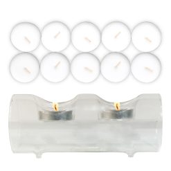 Sicignano | Set Portacandele Tealight 2 Fori in Vetro Trasparente con 10 Candele Tealight Inodore e Senza Fumo – Design Elegante e Versatile per Cene, Eventi e Decorazioni per la Casa