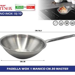 Padella Wok Ø30 cm, Acciaio Inox 18/10 con Triplo Fondo, per Gas Elettrico Induzione Vetroceramica, Linea Master – Made in Italy – per Ristorazione e Uso Domestico