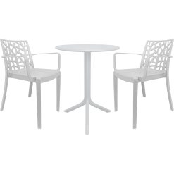 Sicignano | Set 2 Poltrone con Tavolo Tondo, 3 Pezzi, Plastica, Completo Bianco, con Braccioli - Impilabile, Resistente agli UV, Arredo Interno Esterno Bar Pub Giardino Terrazzo, Made in Italy
