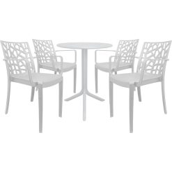 Sicignano | Set 4 Poltrone con Tavolo Tondo, 5 Pezzi, Plastica, Completo Bianco, con Braccioli - Impilabile, Resistente agli UV, Arredo Interno Esterno Bar Pub Giardino Terrazzo, Made in Italy