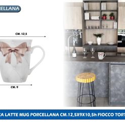 TAZZA LATTE MUG PORCELLANA CM.12,5X9X10,5h FIOCCO TORTORA