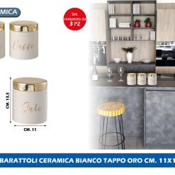 TRIS BARATTOLI CERAMICA BIANCO TAPPO ORO CM. 11X13,5h