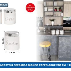 TRIS BARATTOLI CERAMICA BIANCO TAPPO ARGENTO CM. 11X13,5h