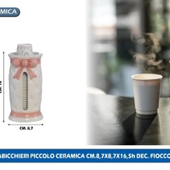 PORTABICCHIERI PICCOLO CERAMICA CM.8,7X8,7X16,5h DEC. FIOCCO ROSA