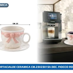 PORTACIALDE CERAMICA CM.23X23X15h DEC. FIOCCO ROSA
