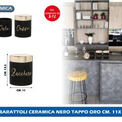 TRIS BARATTOLI CERAMICA NERO TAPPO ORO CM. 11X13,5h