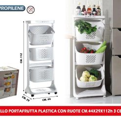 CARRELLO PORTAFRUTTA PLASTICA CON RUOTE CM.44X29X112h 3 CESTELLI