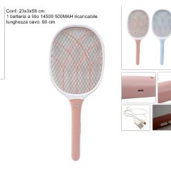 RACCHETTA PER ZANZARE ELETTRICA CON LUCE RICARICABILE CON CAVO 3 COL.