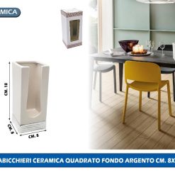 PORTABICCHIERI CERAMICA QUADRATO FONDO ARGENTO CM. 8X8X18h