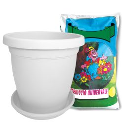 Sicignano | Vaso Verona Rotondo con Sottovaso e Terriccio 5lt, Plastica Riciclabile, Fori di Drenaggio, Moderno Classico, Interni Esterni, per Piante Fiori Giardino (Bianco, 18 cm)