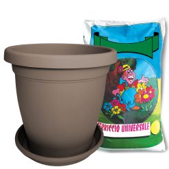 Sicignano | Vaso Verona Rotondo con Sottovaso e Terriccio 5lt, Plastica Riciclabile, Fori di Drenaggio, Moderno Classico, Interni Esterni, per Piante Fiori Giardino (Avana, 25 cm)