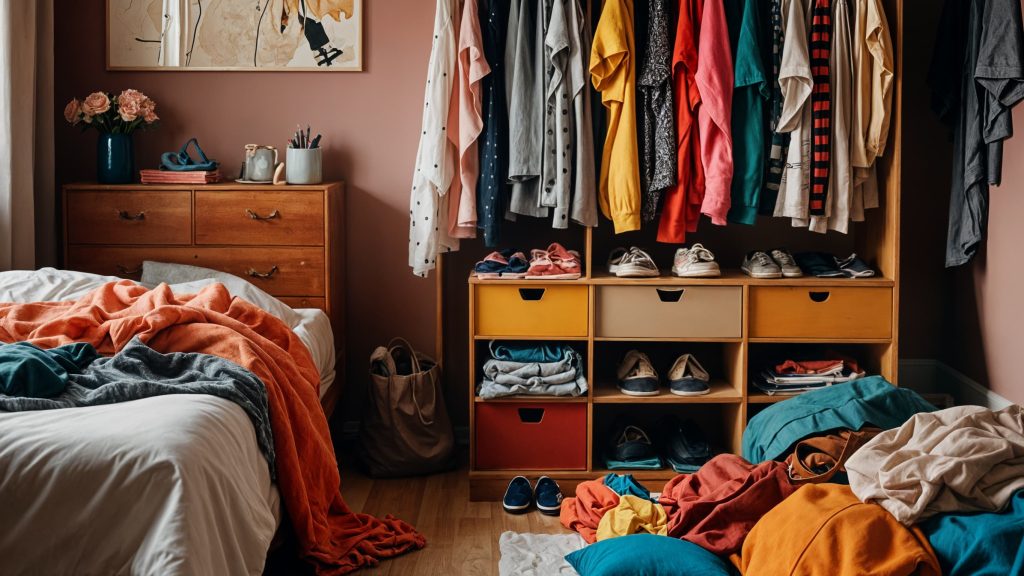 Armadio disordinato con vestiti e accessori sparsi, colori vivaci e dettagli impressionanti.