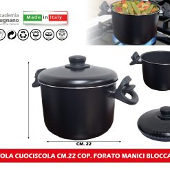 PENTOLA CUOCISCOLA CM.22 COPERCHIO FORATO MANICI BLOCCACOPERCHIO PASTA SPAGHETTI MACCHERONI - immagine 1