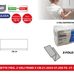 Carind Salviette Pieghevoli a 2 Veli, Piega a Z, Dimensioni 21,5×24 cm, 12 Confezioni da 200 Pezzi