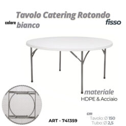 Tavolo Fisso Catering Ø150 cm Bianco con Gambe Pieghevoli in Acciaio e Piano HDPE Robusto
