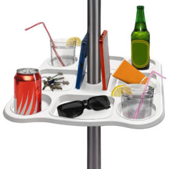 Tavolino Vassoio per Ombrellone 37x37 cm – 8 Scomparti, Foro Ø22-40 mm, in Plastica Bianca – Ideale per Bibite, Oggetti e Smartphone in Spiaggia o Giardino