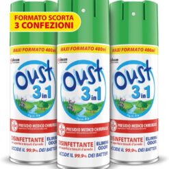 OUST 3in1 Spray Disinfettante Elimina Odori, Uccide il 99,9% dei Batteri sulle Superfici e Tessuti d'Arredo, Fragranza Open Air, 3 Confezioni da 400ml