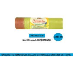 Sacchetti Immondizia Gialli 55x65cm 35Lt Con Maniglia Scorrimento 15 Pz