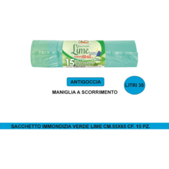Sacchetti Immondizia Verdi 55x65cm 35Lt Con Maniglia Scorrimento 15 Pz