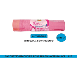 Sacchetti Immondizia Rosa 55x65cm 35Lt Con Maniglia Scorrimento 15 Pz