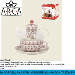 TISANIERA PORCELLANA CON INFUSORE ML.430 CON TAZZA E PIATTINO