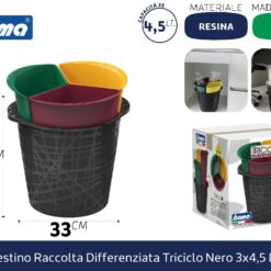 CESTINO RACCOLTA DIFFERENZIATA TRICICLO NERO 3X4,5 LT.