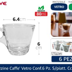 TAZZINE CAFFE' VETRO CONF.6 PZ. S/PIATT. CC.80