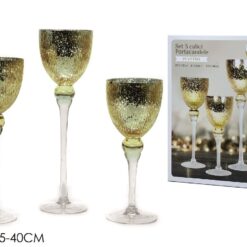 PORTACANDELE CALICE VETRO SET 3 PZ. CM.40/35/30h ORO