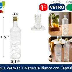 BOTTIGLIA VETRO LT.1 NATURALE BIANCO C/CAPSULA ORO
