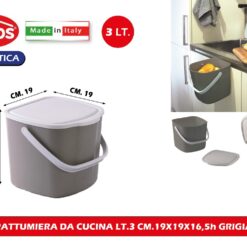 PATTUMIERA DA CUCINA LT.3 CM.19X19X16,5h GRIGIA