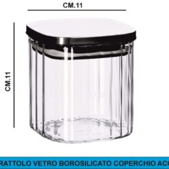 BARATTOLO VETRO BOROSILICATO COP. ACCIAIO CM.11X11X11h